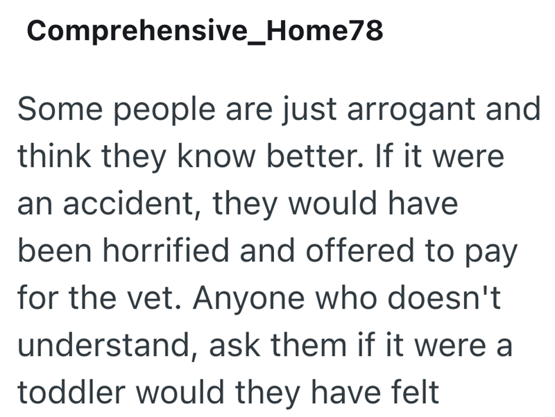 Comprehensive Home78 Some people are just arrogant and think they know better. If it were an accident, they would have been horrified and offered to pay for the vet. Anyone who doesn't understand, ask them if it were a toddler would they have felt