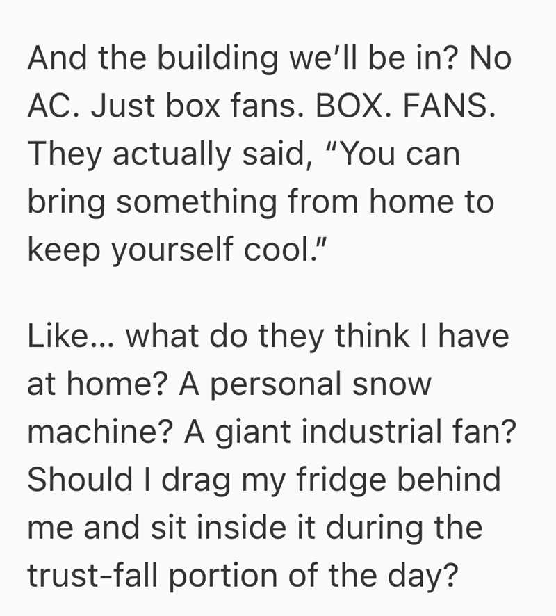 And the building we'll be in? No AC. Just box fans. BOX. FANS. They actually said, "You can bring something from home to keep yourself cool." Like... what do they think I have at home? A personal snow machine? A giant industrial fan? Should I drag my fridge behind me and sit inside it during the trust-fall portion of the day?