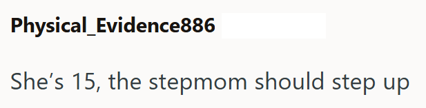 Physical_Evidence886 She's 15, the stepmom should step up