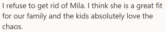 I refuse to get rid of Mila. I think she is a great fit for our family and the kids absolutely love the chaos.
