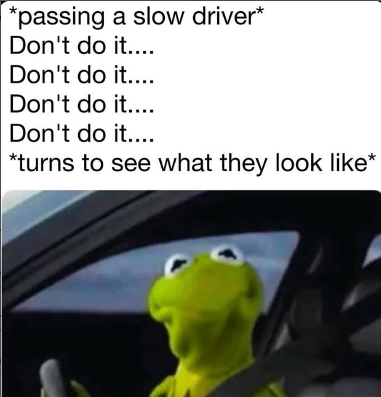 *passing a slow driver* Don't do it.... Don't do it.... Don't do it.... Don't do it.... *turns to see what they look like*