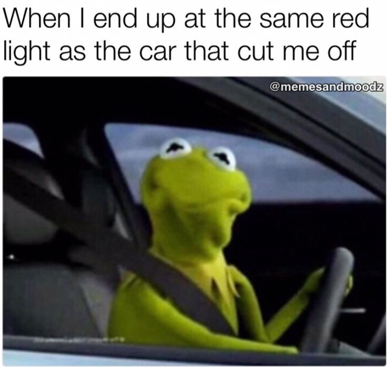 When I end up at the same red light as the car that cut me off @memesandmoodz
