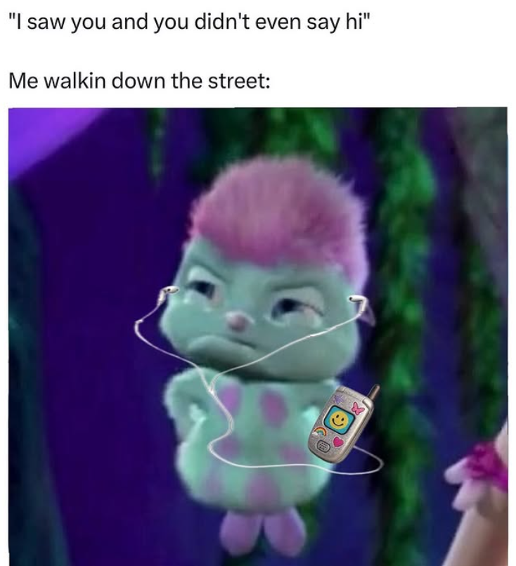"I saw you and you didn't even say hi" Me walkin down the street: :)