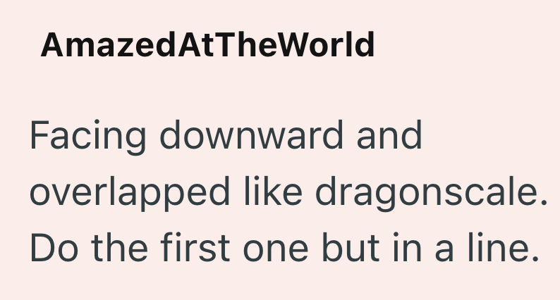 AmazedAtTheWorld Facing downward and overlapped like dragonscale. Do the first one but in a line.
