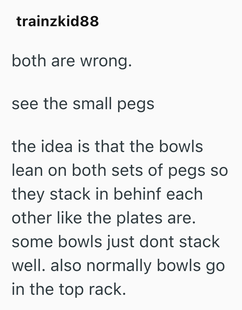 trainzkid88 both are wrong. see the small pegs the idea is that the bowls lean on both sets of pegs so they stack in behinf each other like the plates are. some bowls just dont stack well. also normally bowls go in the top rack.