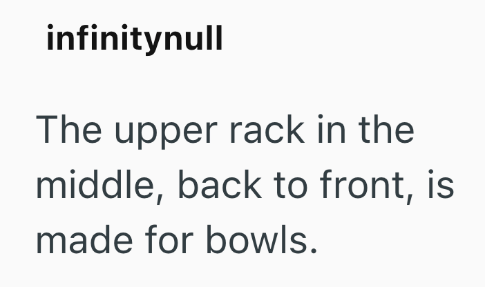 infinitynull The upper rack in the middle, back to front, is made for bowls.