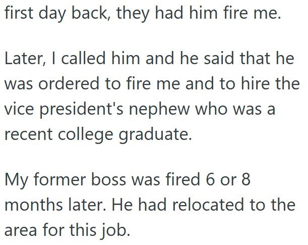 first day back, they had him fire me. Later, I called him and he said that he was ordered to fire me and to hire the vice president's nephew who was a recent college graduate. My former boss was fired 6 or 8 months later. He had relocated to the area for this job.