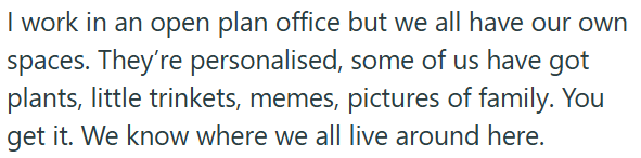 I work in an open plan office but we all have our own spaces. They're personalised, some of us have got plants, little trinkets, memes, pictures of family. You get it. We know where we all live around here.
