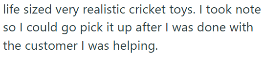 life sized very realistic cricket toys. I took note so I could go pick it up after I was done with the customer I was helping.