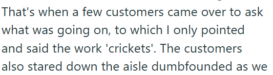 That's when a few customers came over to ask what was going on, to which I only pointed and said the work 'crickets'. The customers also stared down the aisle dumbfounded as we