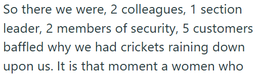 So there we were, 2 colleagues, 1 section leader, 2 members of security, 5 customers baffled why we had crickets raining down upon us. It is that moment a women who