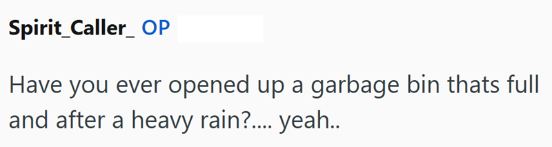 Spirit_Caller OP Have you ever opened up a garbage bin thats full and after a heavy rain?.... yeah..