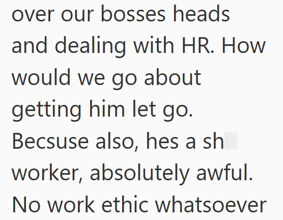 over our bosses heads and dealing with HR. How would we go about getting him let go. Becsuse also, hes a sh worker, absolutely awful. No work ethic whatsoever