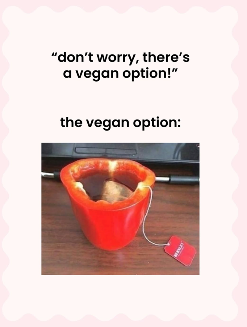 "don't worry, there's a vegan option!" the vegan option: BERNLEY