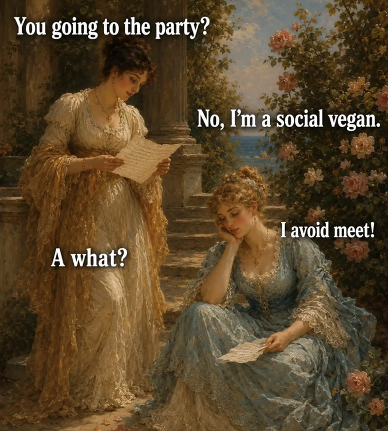 You going to the party? No, I'm a social vegan. A what? I avoid meet!