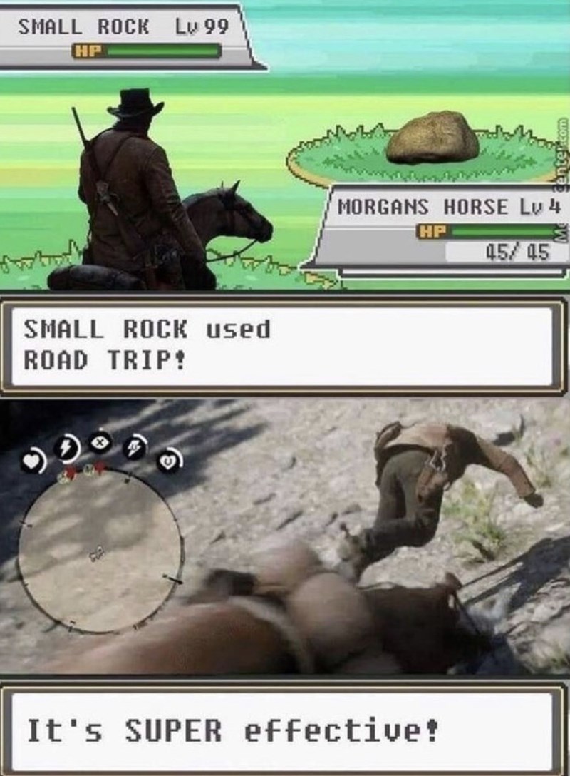 SMALL ROCK Lv 99 HP SMALL ROCK used ROAD TRIP! MORGANS HORSE Lv 4 HP It's SUPER effective! 45/45