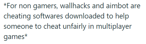 *For non gamers, wallhacks and aimbot are cheating softwares downloaded to help someone to cheat unfairly in multiplayer games*