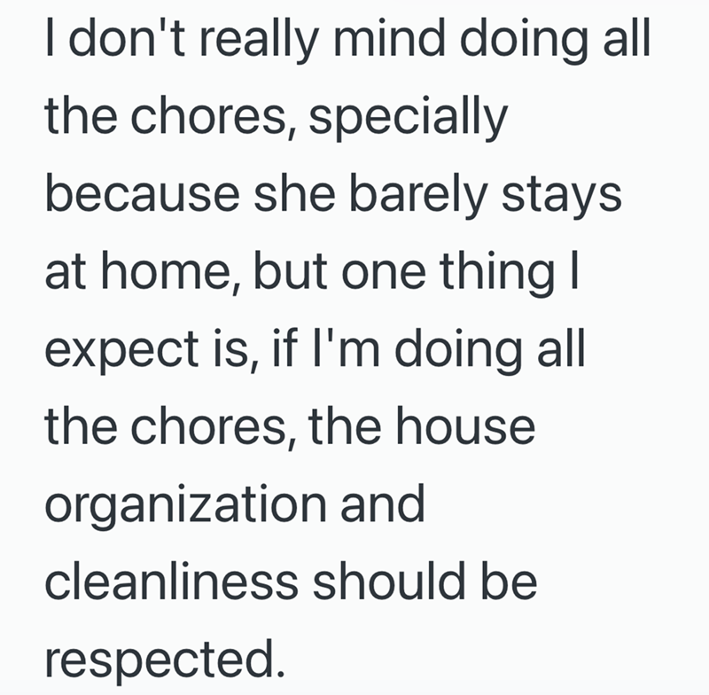 I don't really mind doing all the chores, specially because she barely stays at home, but one thing I expect is, if I'm doing all the chores, the house organization and cleanliness should be respected.