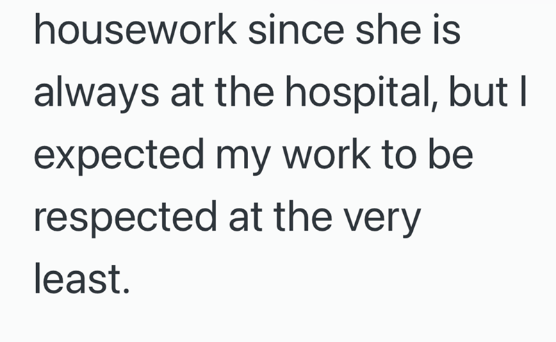 housework since she is always at the hospital, but I expected my work to be respected at the very least.