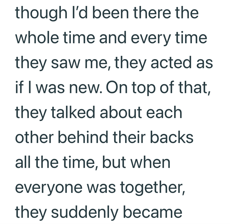 though I'd been there the whole time and every time they saw me, they acted as if I was new. On top of that, they talked about each other behind their backs all the time, but when everyone was together, they suddenly became
