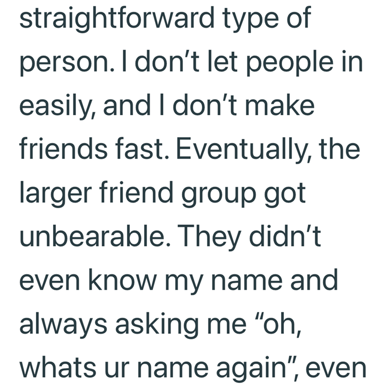straightforward type of person. I don't let people in easily, and I don't make friends fast. Eventually, the larger friend group got unbearable. They didn't even know my name and always asking me "oh, whats ur name again", even