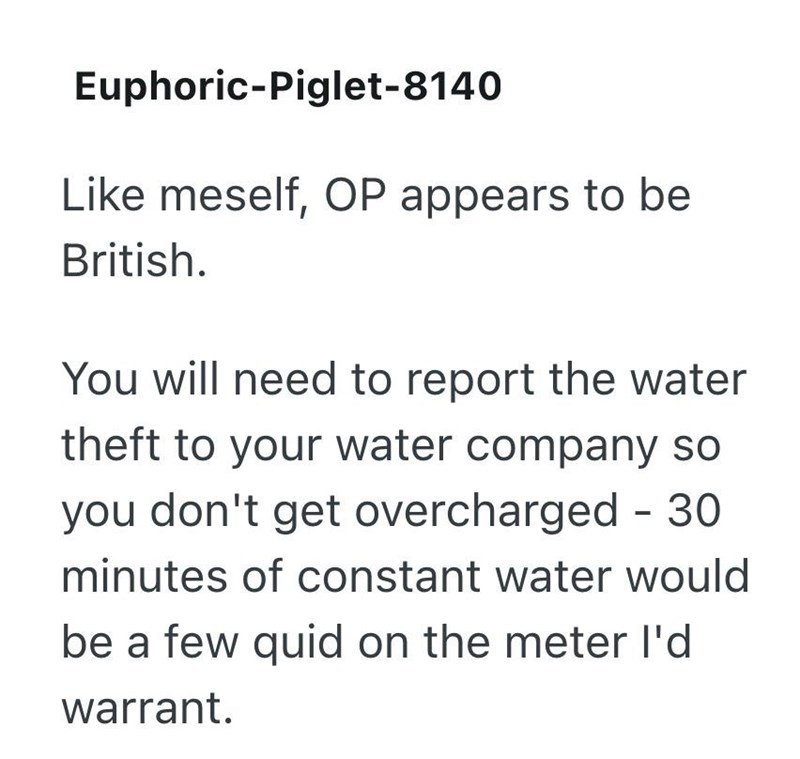 Euphoric-Piglet-8140 Like meself, OP appears to be British. You will need to report the water theft to your water company so you don't get overcharged - 30 minutes of constant water would be a few quid on the meter I'd warrant.