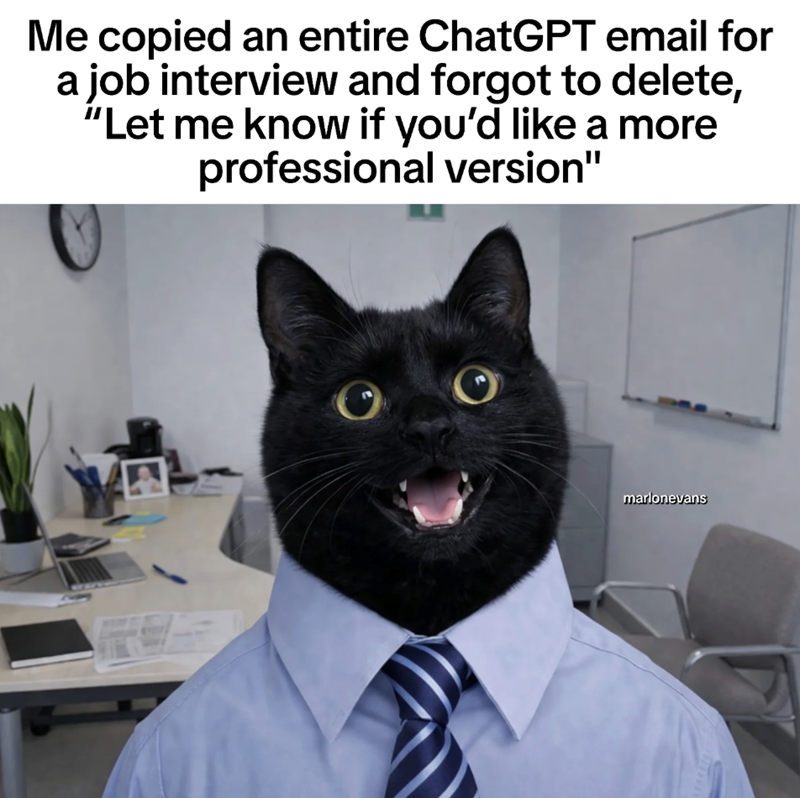 Me copied an entire ChatGPT email for a job interview and forgot to delete, "Let me know if you'd like a more professional version" marlonevans