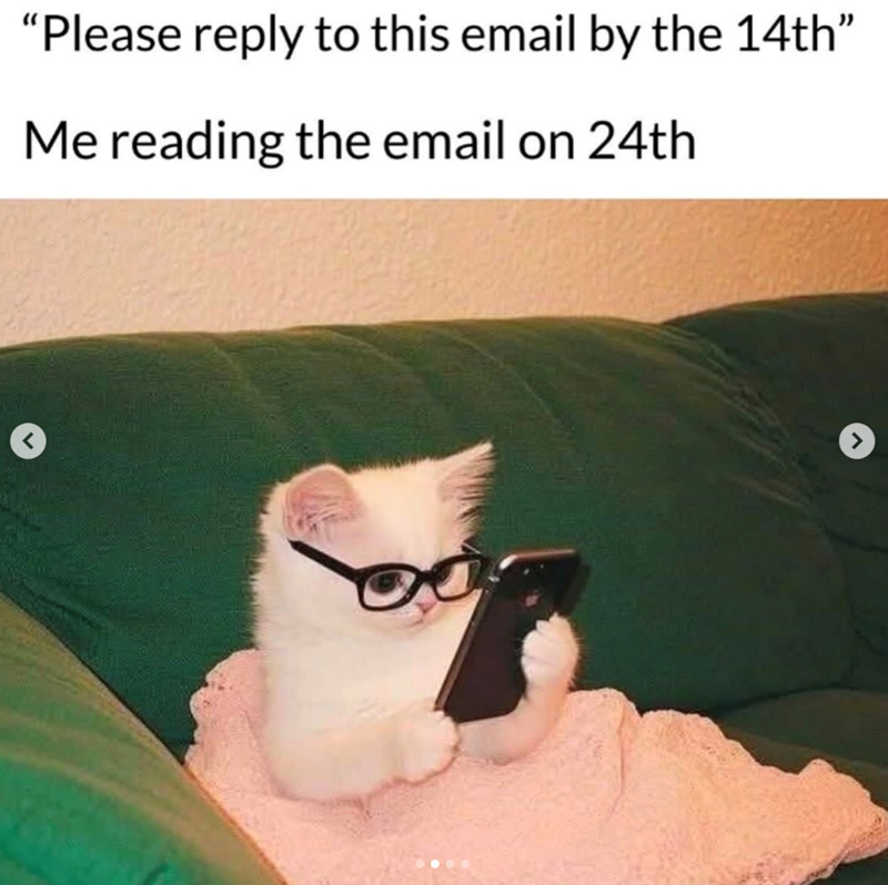 "Please reply to this email by the 14th" Me reading the email on 24th >