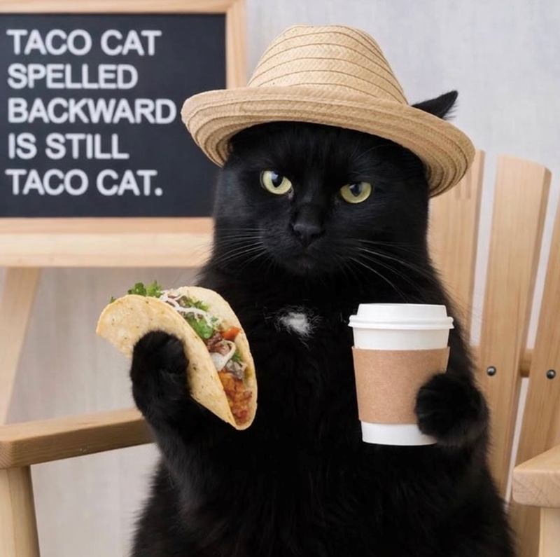 TACO CAT SPELLED BACKWARD IS STILL TACO CAT.