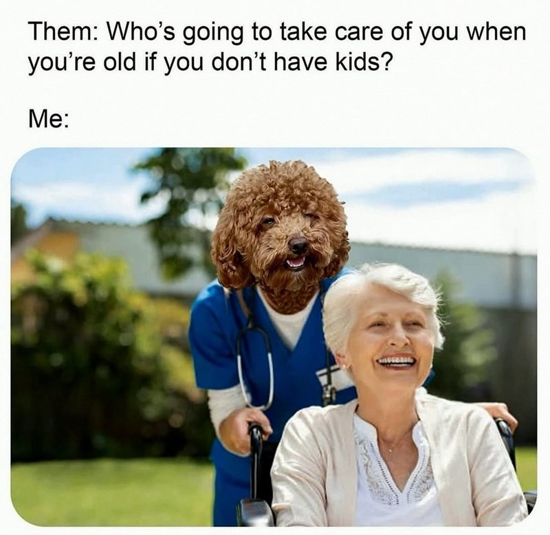 Them: Who's going to take care of you when you're old if you don't have kids? Me: