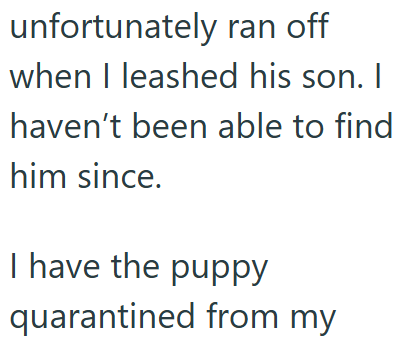 unfortunately ran off when I leashed his son. I haven't been able to find him since. I have the puppy quarantined from my