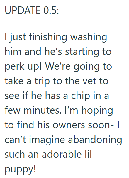 UPDATE 0.5: I just finishing washing him and he's starting to perk up! We're going to take a trip to the vet to see if he has a chip in a few minutes. I'm hoping to find his owners soon- | can't imagine abandoning such an adorable lil puppy!