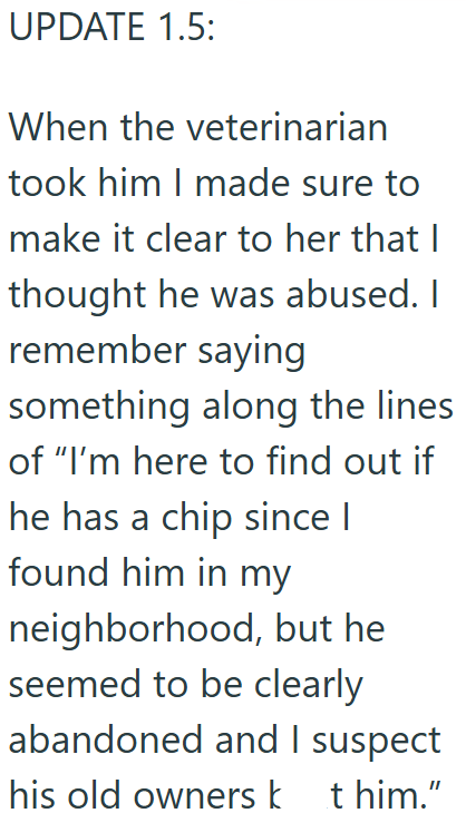 UPDATE 1.5: When the veterinarian took him I made sure to make it clear to her that I thought he was abused. I remember saying something along the lines of "I'm here to find out if he has a chip since I found him in my neighborhood, but he seemed to be clearly abandoned and I suspect his old owners kthim."