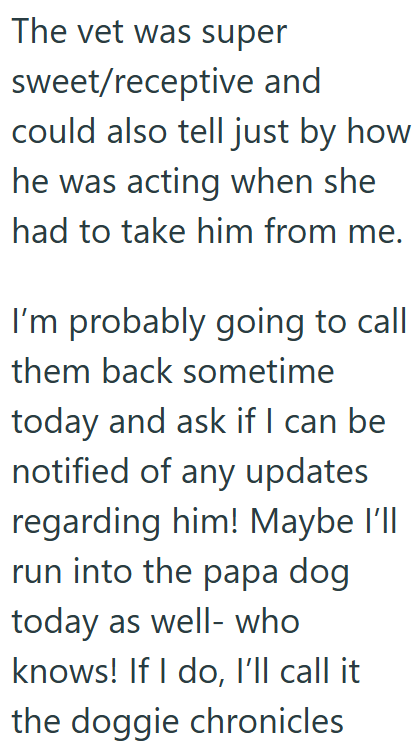 The vet was super sweet/receptive and could also tell just by how he was acting when she had to take him from me. I'm probably going to call them back sometime today and ask if I can be notified of any updates regarding him! Maybe I'll run into the papa dog today as well-who knows! If I do, I'll call it the doggie chronicles