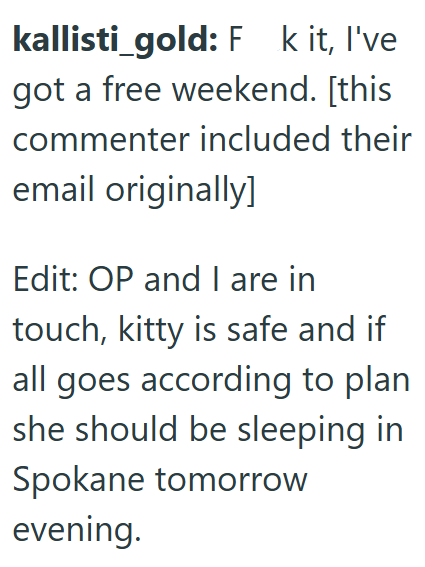 kallisti_gold: Fk it, I've got a free weekend. [this commenter included their email originally] Edit: OP and I are in touch, kitty is safe and if all goes according to plan she should be sleeping in Spokane tomorrow evening.