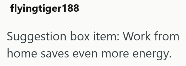 flyingtiger188 Suggestion box item: Work from home saves even more energy.