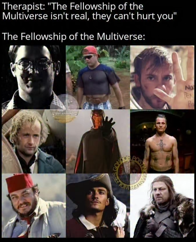 Therapist: "The Fellowship of the Multiverse isn't real, they can't hurt you" The Fellowship of the Multiverse: HERE WAS GONDOD POS No PEN B