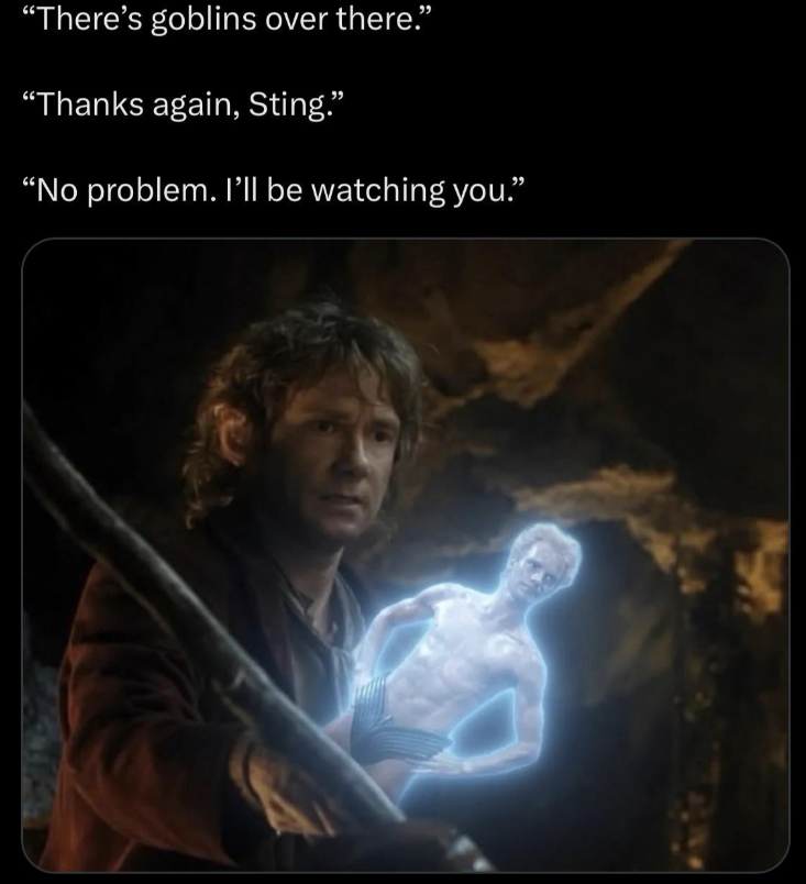 "There's goblins over there." "Thanks again, Sting." "No problem. I'll be watching you."