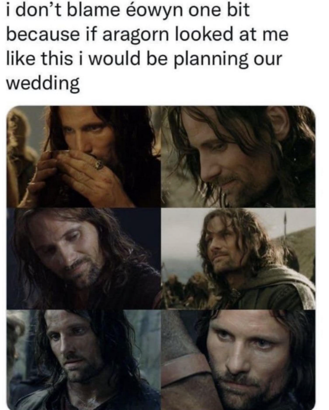 i don't blame éowyn one bit because if aragorn looked at me like this i would be planning our wedding