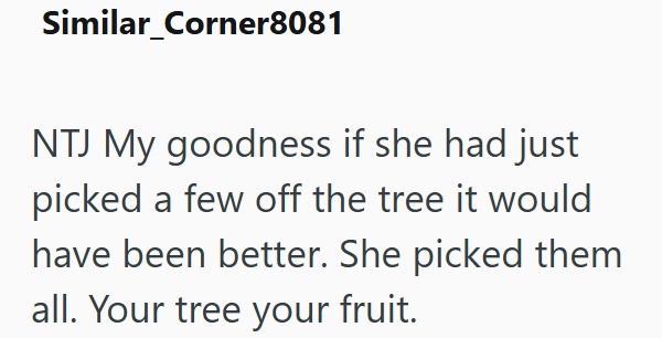 Similar_Corner8081 NTJ My goodness if she had just picked a few off the tree it would have been better. She picked them all. Your tree your fruit.
