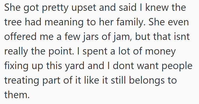 She got pretty upset and said I knew the tree had meaning to her family. She even offered me a few jars of jam, but that isnt really the point. I spent a lot of money fixing up this yard and I dont want people treating part of it like it still belongs to them.
