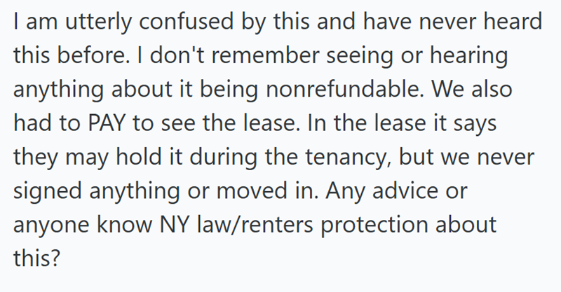 I am utterly confused by this and have never heard this before. I don't remember seeing or hearing anything about it being nonrefundable. We also had to PAY to see the lease. In the lease it says they may hold it during the tenancy, but we never signed anything or moved in. Any advice or anyone know NY law/renters protection about this?