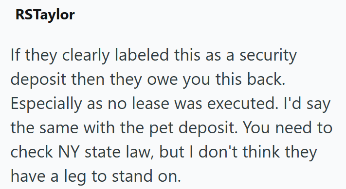 RSTaylor If they clearly labeled this as a security deposit then they owe you this back. Especially as no lease was executed. I'd say the same with the pet deposit. You need to check NY state law, but I don't think they have a leg to stand on.