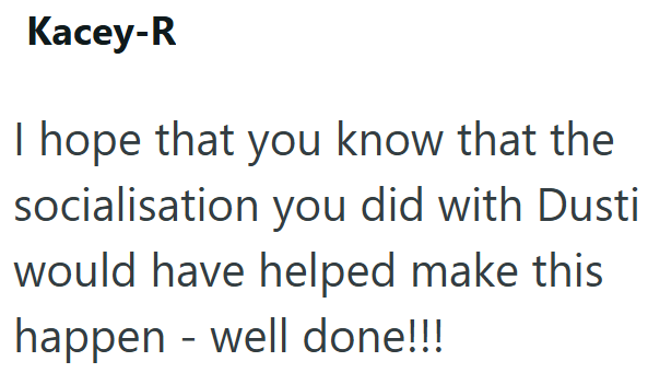 Kacey-R I hope that you know that the socialisation you did with Dusti would have helped make this happen - well done!!!
