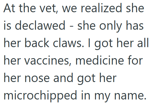 At the vet, we realized she - is declawed she only has her back claws. I got her all her vaccines, medicine for her nose and got her microchipped in my name.