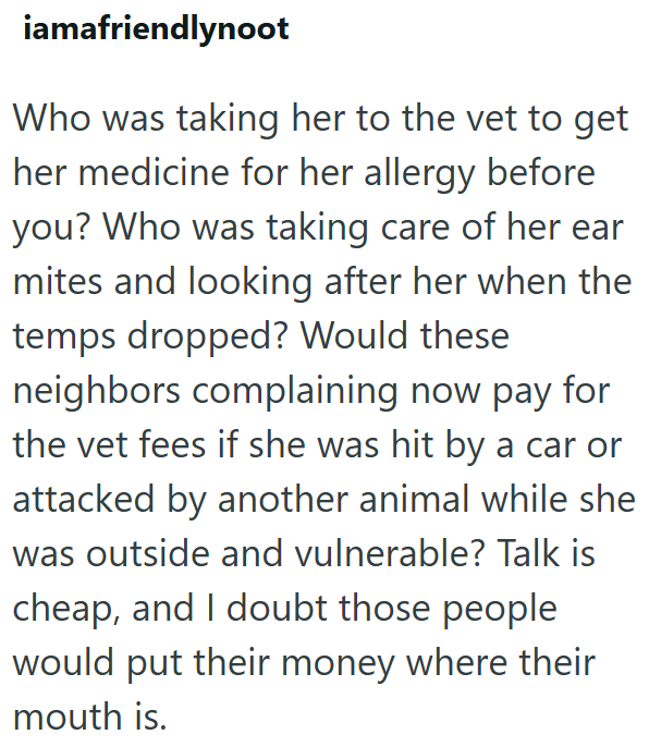 iamafriendlynoot Who was taking her to the vet to get her medicine for her allergy before you? Who was taking care of her ear mites and looking after her when the temps dropped? Would these neighbors complaining now pay for the vet fees if she was hit by a car or attacked by another animal while she was outside and vulnerable? Talk is cheap, and I doubt those people would put their money where their mouth is.