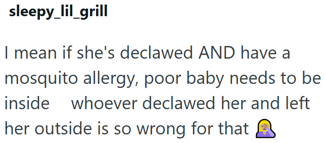 sleepy_lil_grill I mean if she's declawed AND have a mosquito allergy, poor baby needs to be inside whoever declawed her and left her outside is so wrong for that