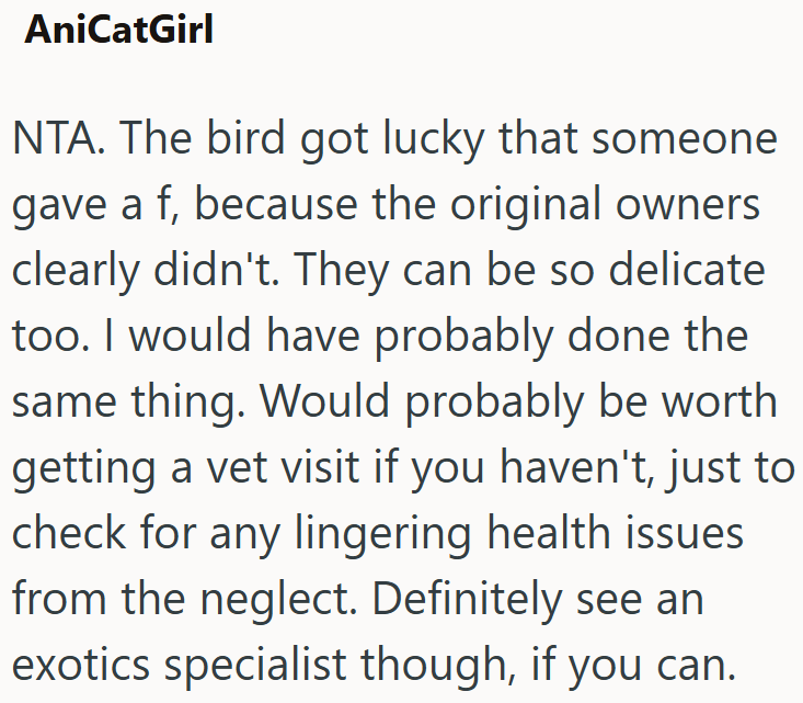 AniCatGirl NTA. The bird got lucky that someone gave a f, because the original owners clearly didn't. They can be so delicate too. I would have probably done the same thing. Would probably be worth getting a vet visit if you haven't, just to check for any lingering health issues from the neglect. Definitely see an exotics specialist though, if you can.