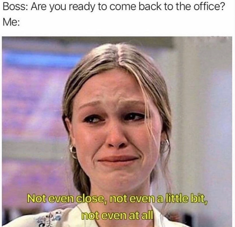 Boss: Are you ready to come back to the office? Me: Not even close, not even a little bit, not even at all