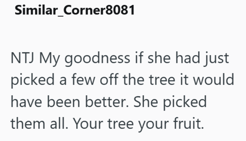 Similar_Corner8081 NTJ My goodness if she had just picked a few off the tree it would have been better. She picked them all. Your tree your fruit.